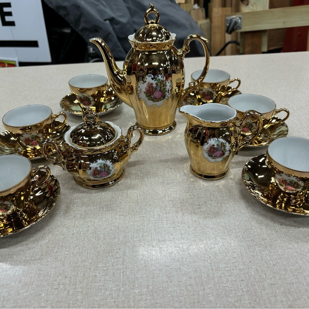 Gold Plate Bavarian Germany Courting Couple Teapot Creamer Sugar & Tea Cups Set